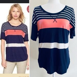 Gap Navy Blue Coral White Colorblock Striped Tee